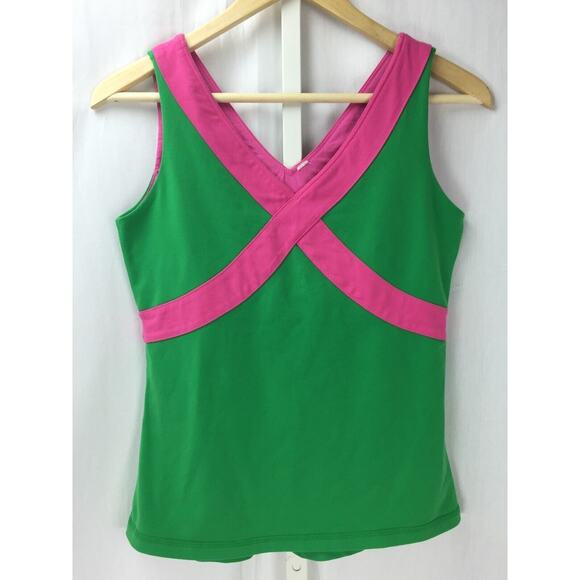 Lululemon Fittness Yoga Running Green & Pink Tank Top Fitted Stetch Style Sz 4 6 - Picture 1 of 4